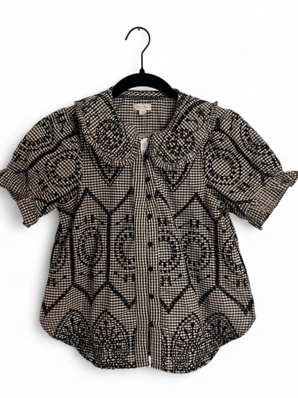 Pilcro Black and Cream Embroidered Gingham Button-Down Top